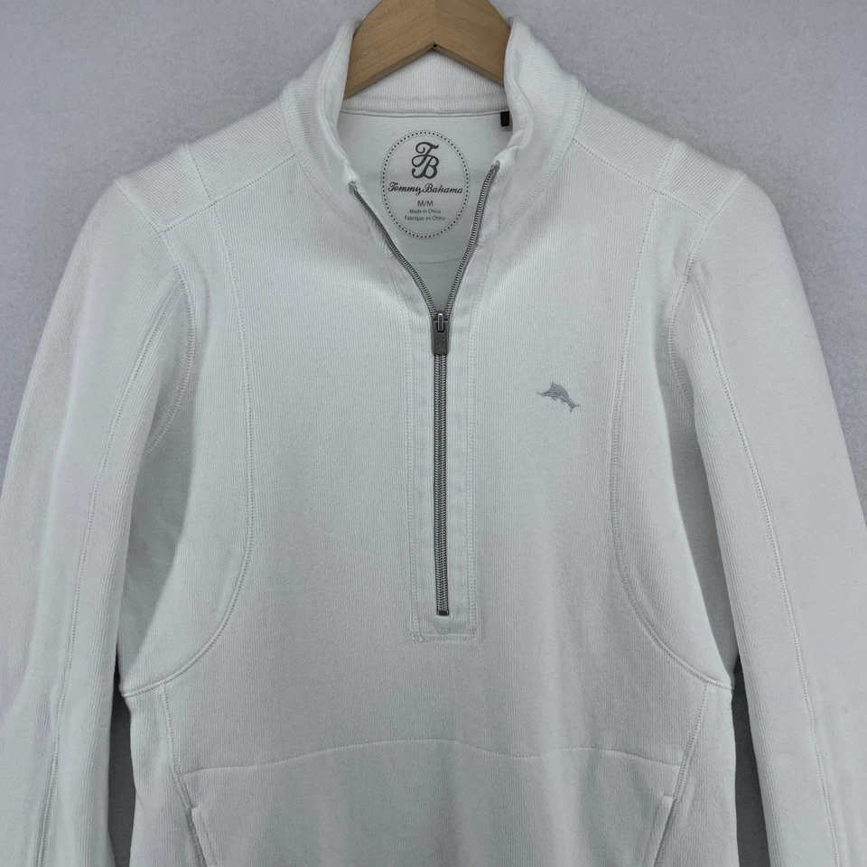 TOMMY BAHAMA Sudadera Mujer M Aruba 1/2 Cremallera Pullover Elástico Algodón Blanco Foto 3 de 4