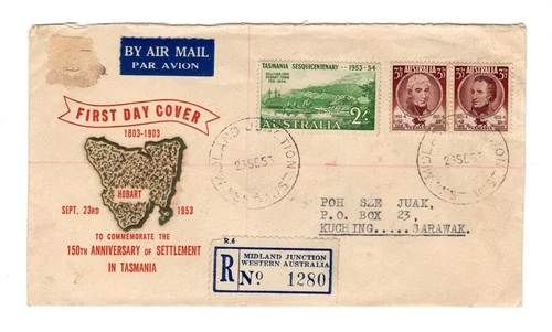 O448 Australia 1951 Tasmania FDC - Registered Airmail Cover to SARAWAK