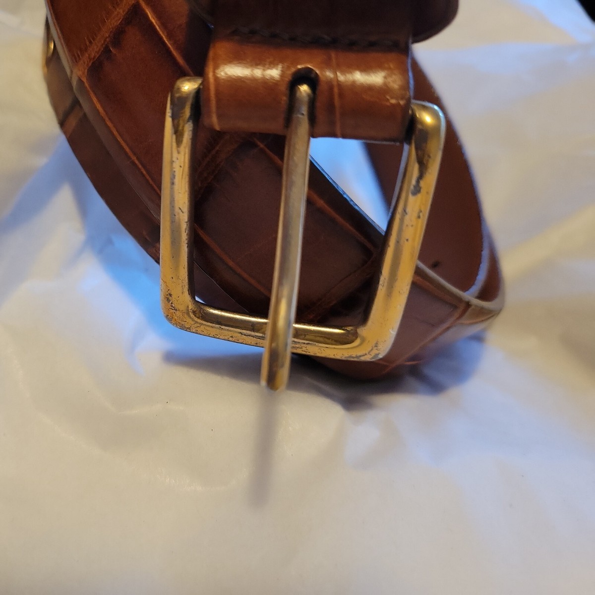 VTG Bronze Western USA Made Croc-Embossed Leather Belt with Ornate Brass Buckle Classic Solid Brass Buckle Crocodile Embossed One Piece Full  main image 4