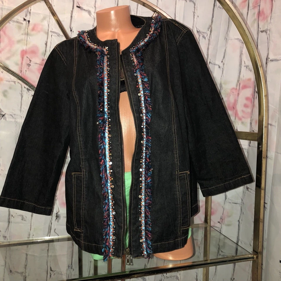 Ruby Rd Womens 18W Plus Jacket Black Denim W Trim 3/4 Sleeve Zipper Front  - Image 4 of 4