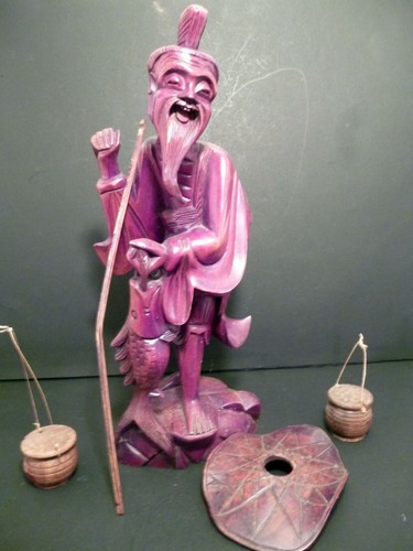 Antique Chinese Rose Wood Intricately Hand Carved Man Carrying Baskets&Fish 15"H - Picture 7 of 11