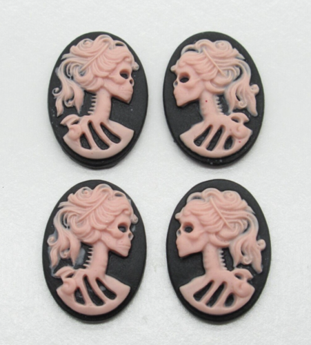 Lolita Skeleton Cameos Pink on Black Halloween Cabochons 18X13mm Oval - Qty 4 - Picture 1 of 7