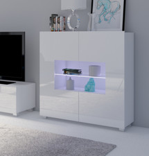 Kommode CALABRINI C-02 mit LED Sideboard 100 cm Vitrine Highboard Weiß Hochglanz