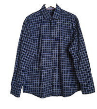 Tasso Elba Mens Shirt Size XL 17-17 1/2 Navy Blue White Check Long Sleeve Cotton
