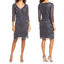 NWT 248 Pisarro Nights 10 Beaded V-neck Cocktail Dress in Slate J1788