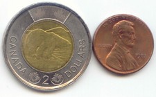 Canada 2022 Toonie Canadian $2 and American 1987D USA Penny - Exact Set 2 Coins