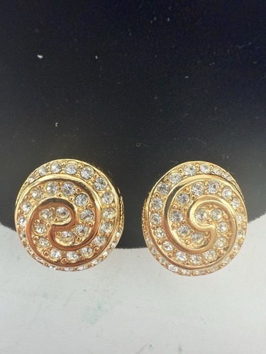 Orecchini Vintage Christian Dior Spirale Ovale Strass Tono Oro Clip On - Foto 2 di 10