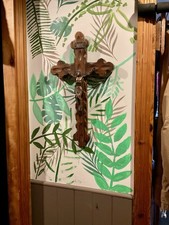 Crucifix Cross Jesus Large 19.5 Inches Wall Hanging Wood Metal Mid Century