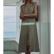 ZARA Linen Ringed Button Front Sleeveless Midi Dress XS Olive Green Lagenlook