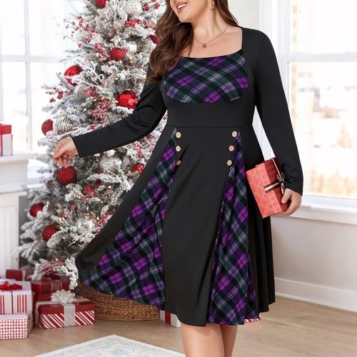 Übergröße Damen Kariert Midikleid Weihnachtskleid Langarm Partykleid Freizeit - Bild 4 von 14