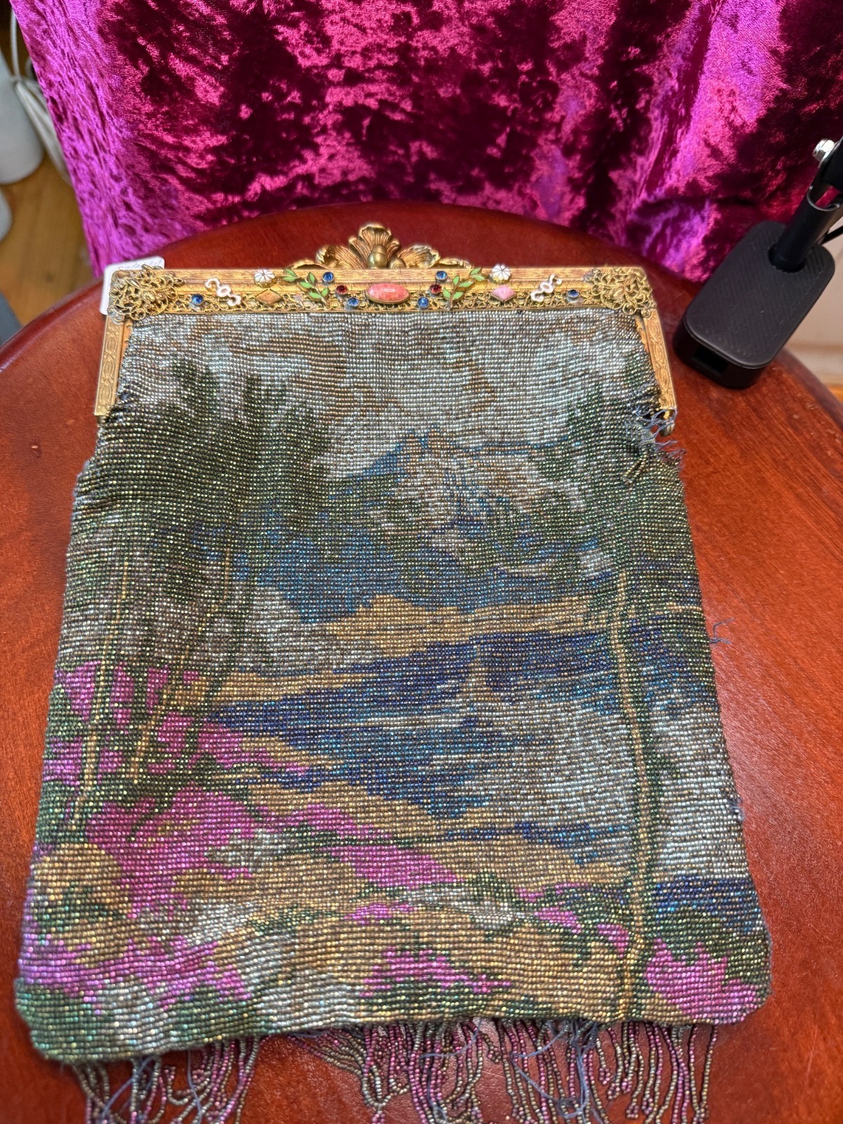 Antique Beaded Handbag Landscape Design & Ornate Metal Frame READ SEE