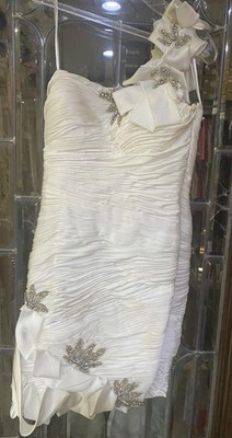Mac Duggal One-Shoulder Embellished Ruched Cocktail Dress   Ivory   Size 6