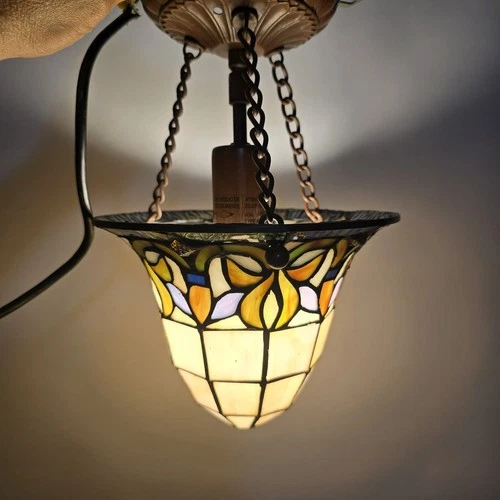 Vintage Tiffany Style Ceiling Light Shade Slag Stained Glass Metal 8" Diam