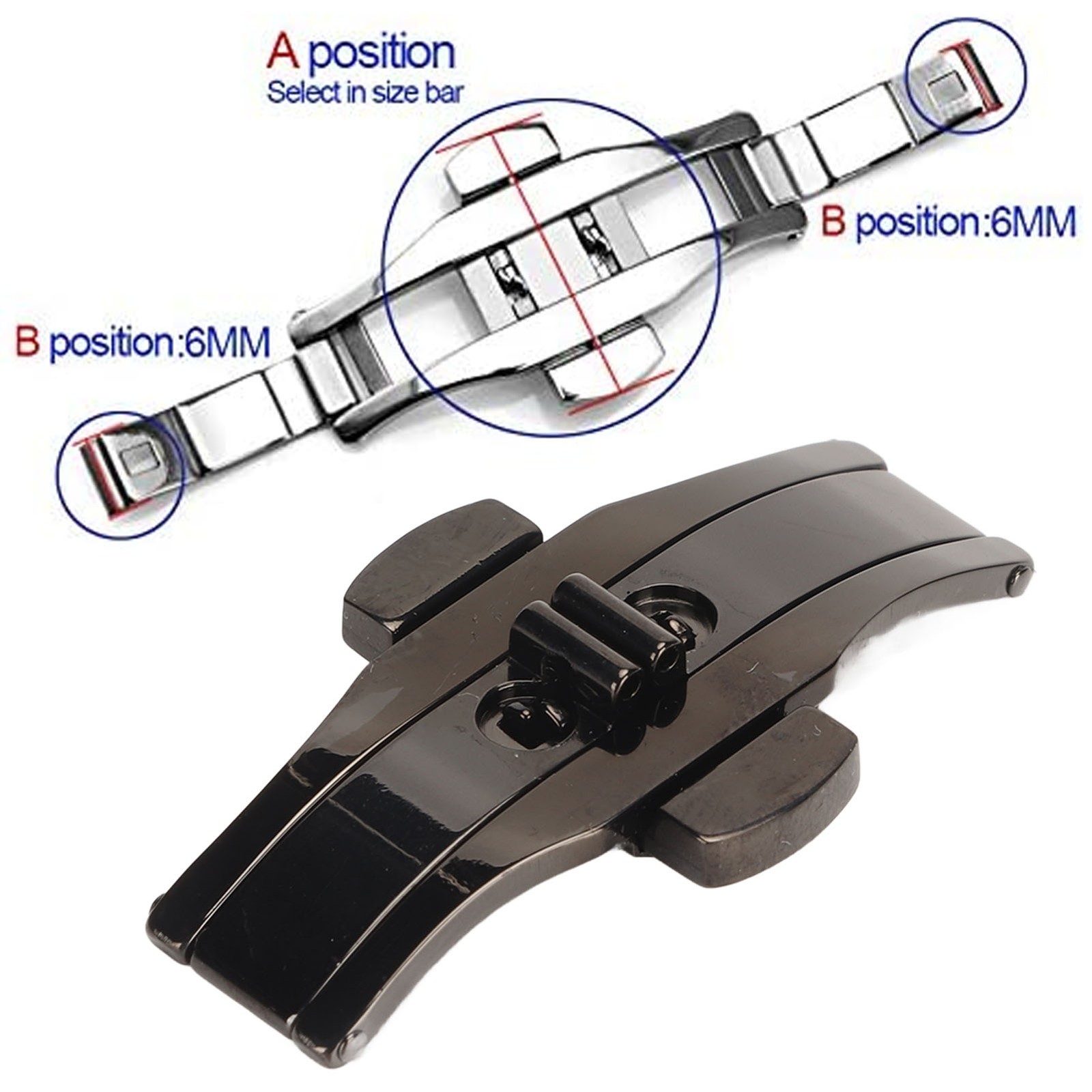 Black Watchband Deployment Clasp Double Button Stainless Steel Watch Strap Faste