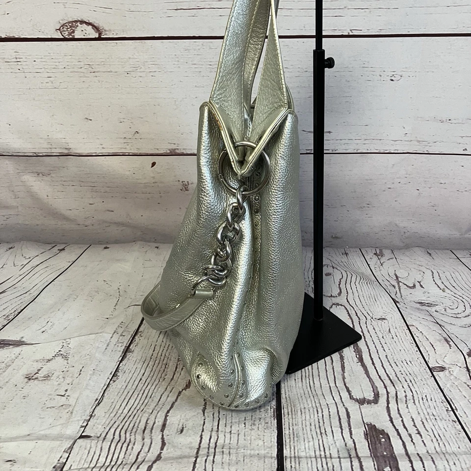 Michael Kors Bolso Cuero Granulado Genuino Estaño Plata Clavo Cabeza Ribete Foto 4 de 4