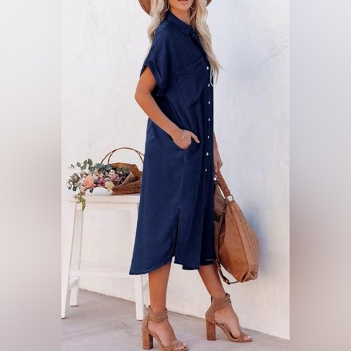 Dokotoo Womens Button-Down Short Sleeve Denim Cardigans Maxi Dresses w/SideSplit - Picture 4 of 4