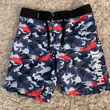 Hurley Boys Board Shorts Size 6 Shark Camo Swim Trunks Blue Red Surf