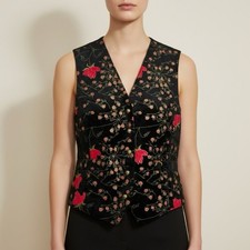 Made in England Floral Black & Hand Painted Red Roses Vintage Vest V Neck Top