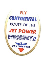 Continental Airlines Luggage Label Jet Power Viscount II 1960s Ephemera