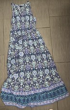 Talbots Blue Floret Medallion Boho Cotton Maxi Dress Size 8 Cotton Belted