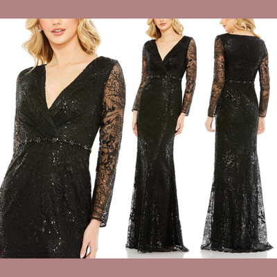 NEW Mac Duggal [ 18 ] 68016 Embellished Wrap Over Long Sleeve Gown Black #S843