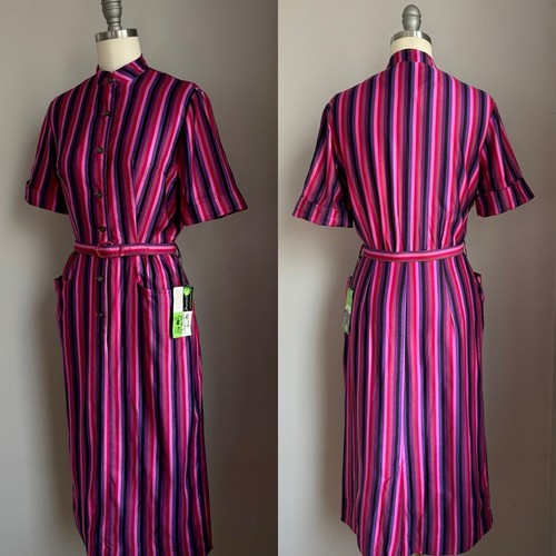 Vintage 1950’s NOS Deadstock Fuchsia Pink Stripe Wiggle Dress w/ pockets XS - Picture 8 of 9