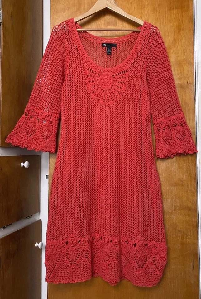 Vintage Y2K Does 70s Red Dress Crochet Trim Bell Sleeve Knit Mini Sz XL Boho - Image 2 of 4