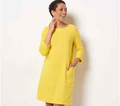 Susan Graver Wknd Wshd French Terry Multiples Shift Dress-Gold Beam-XL-A479223