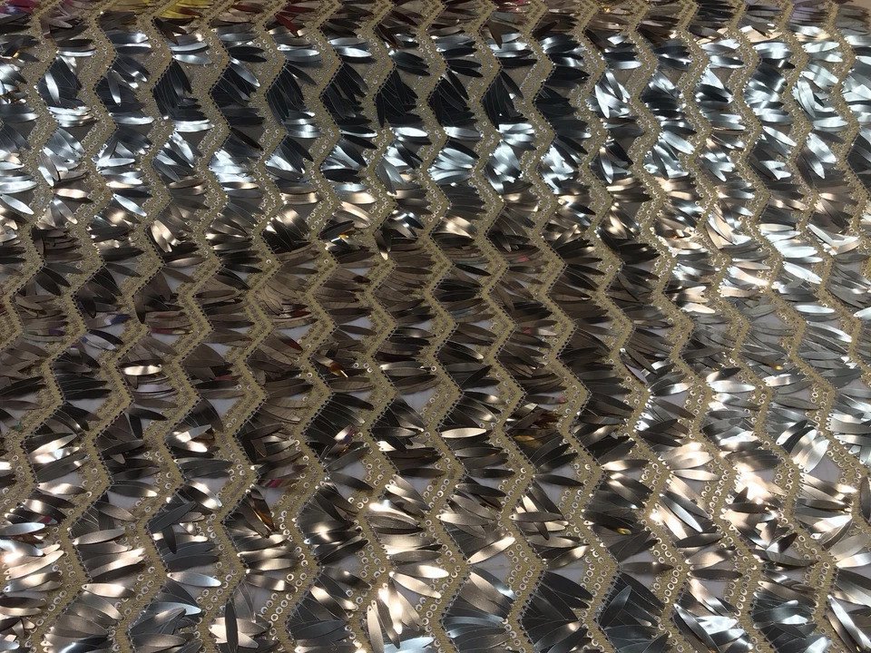 GOLD CHEVRON EMBROIDERY WITH LONG SEQUINS ON A MESH-SOLD BY THE YARD. - Image 3 of 4