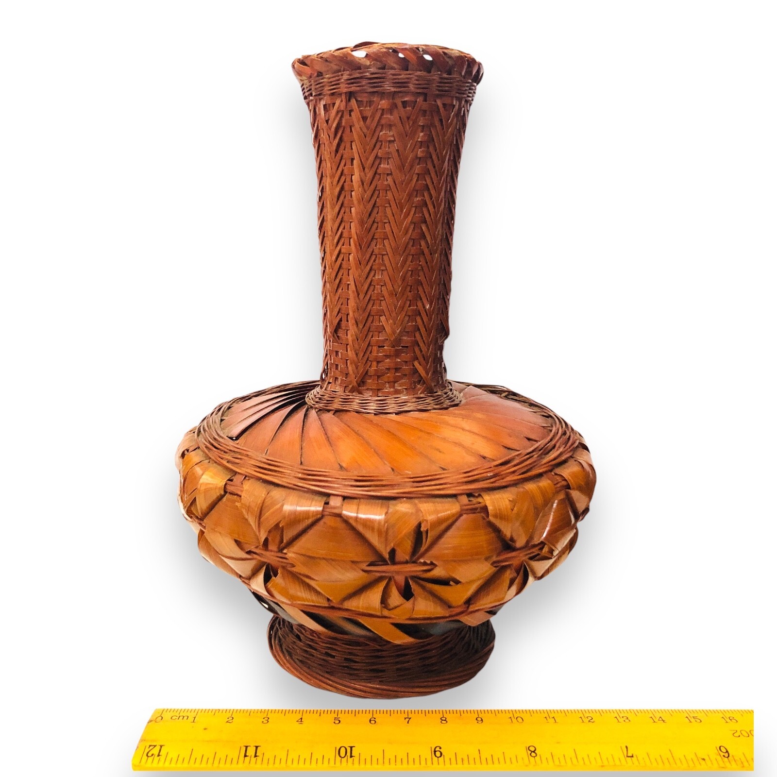 Japanese Bamboo Wicker Ikabena Vase Handcrafted Lacquer Boho Rustic Style V41