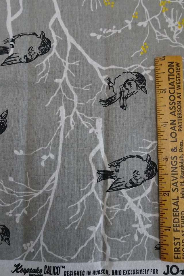 Keepsake Calico Cotton Fabric 29" x 44"w Gray Birds on White Branches w Yellow - Image 4 of 4