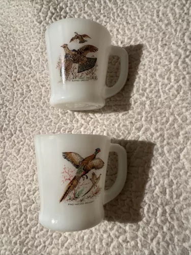 Vintage Fire-King Oven Ware Glass Pheasant Grouse Coffee Cup Mug Anchor Hocking