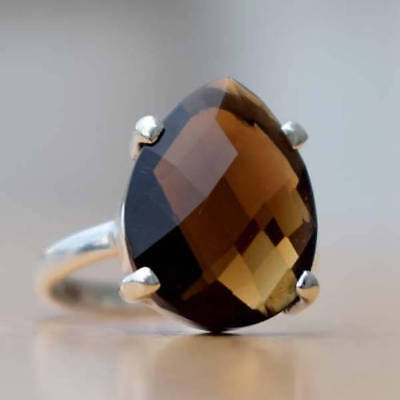 Pear Faceted Smoky Quartz 925 Sterling Silver Prong Handmade  Ring size 8