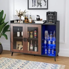 40" Liquor Cabinet Bar Wine Bar Cabinet Buffet Sideboard with Adjustable LED US