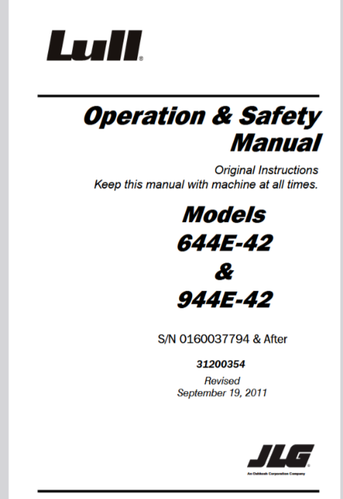 JLG Lull 644E-42, 944E-42 Telehandler Service Repair Operators