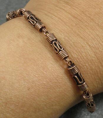 Solid Copper Antiqued Bali Style Tube Bead Link Bracelet 7'' long