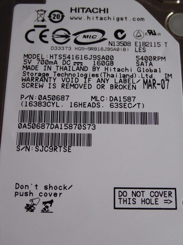 Hitachi HTS541616J9SA00 | MLC: DA1587 | P/N: 0A50687 | MAR 2007 | 160GB #03