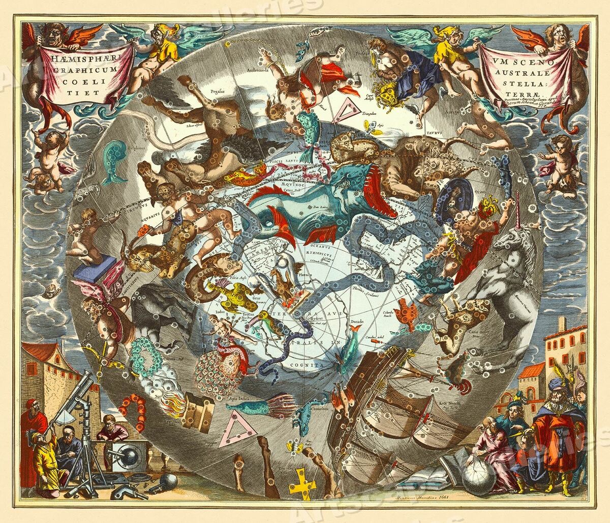 1661 Celestial Map of the Constellations Historic Vintage 1661 Celestial Map of the Constellations Historic Vintage