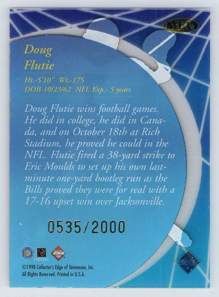1998 Collector's Edge Masters Main Event #ME11 Doug Flutie /2000 (ref 222431) - Image 2 of 2
