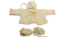 Tailored Baby Vintage White  Pink Fleece Jacket, Bonnet  Booties Size 6-12 mo