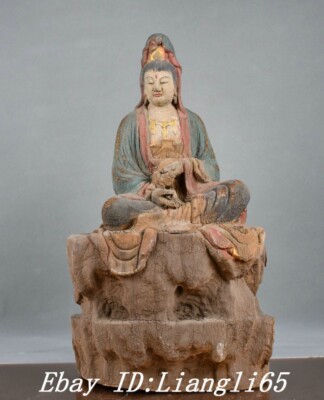 19.6'' Tibet Nan Holz Malerei Kwan-yin Guan Yin Boddhisattva Göttin Statue