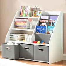 Marcytop Kids Bookshelf Kids Storage Organizer w/Storage Bins Wooden Bookshelf