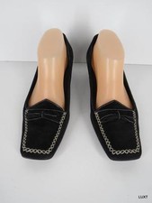 Prada Heels Pumps Kitten Size 9 39 Suede Black Bow Top Stitching Square Toe Work