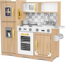 Kids Kitchen Set, Pretend Wooden Play Kitchen with Chalk Board, Play Phone, Towe