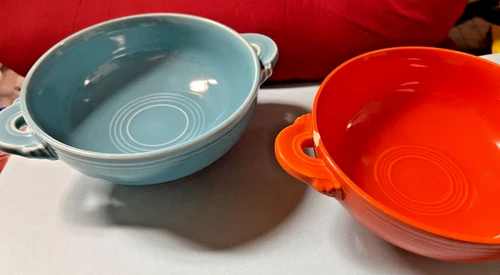 2 Fiesta cream soup bowls orange/red & light blue original old