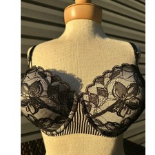 VTG Victoria's Secret Balconet Bra 36DD Black Floral Lace Striped Y2K