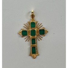 Colombian Emerald Cross Pendant 18K Yellow Gold Antique Pendant Only