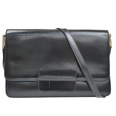GUCCI LOGO Flap One Shoulder Hand Bag Leather Black GHW Italy 67KD073