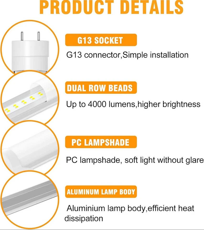 T8 Led Bulbs 4 Foot, 24-Pack 28W 4000Lm Daylight, 4ft Led Bulbs T8 T10 T12 Le... - Image 3 of 4