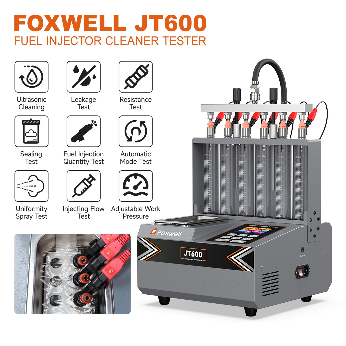 FOXWELL JT600 GDI Piezo Fuel Injector Cleaner Tester Ultrasonic Cleaning Machine